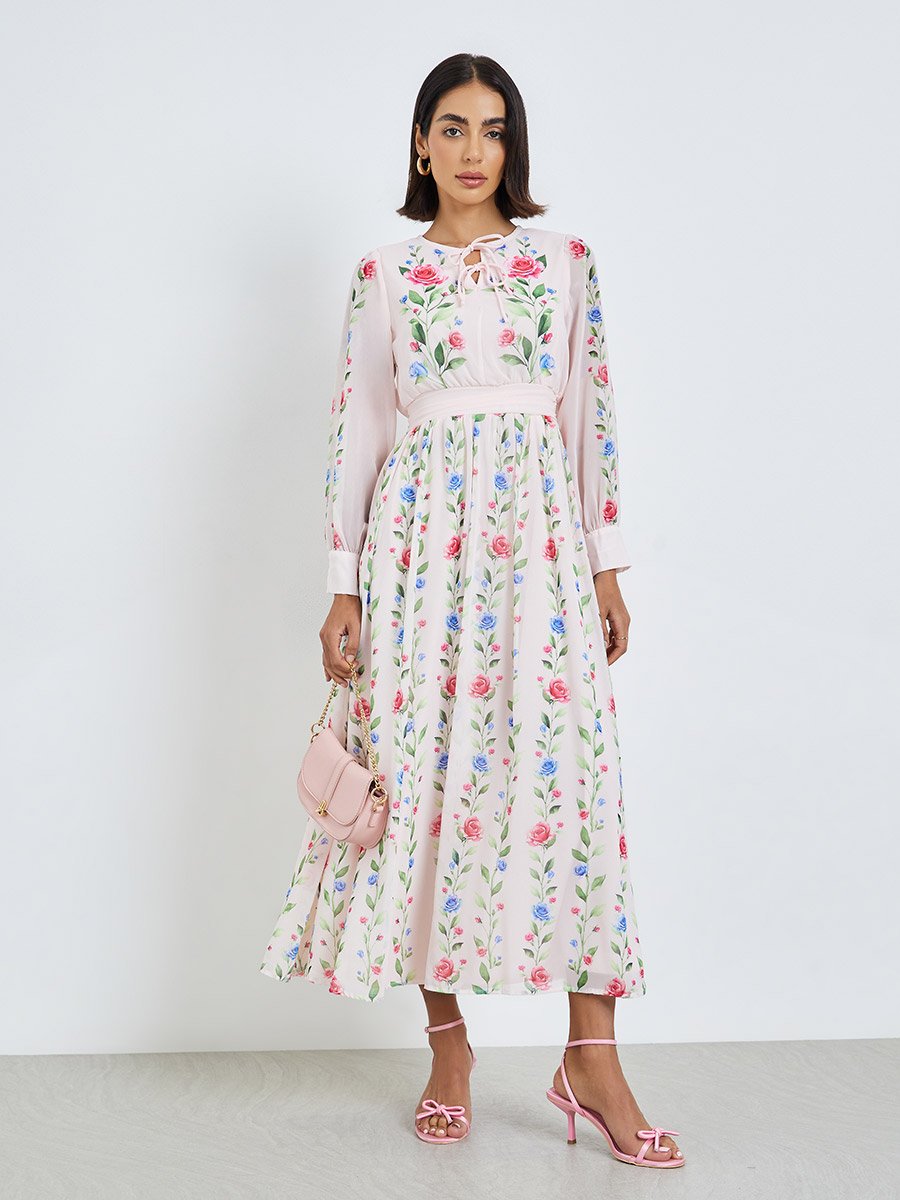Light Pink Floral Maxi Dress with Tie-Up Neck