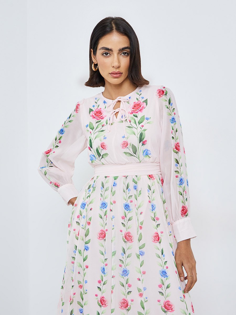 Light Pink Floral Maxi Dress with Tie-Up Neck