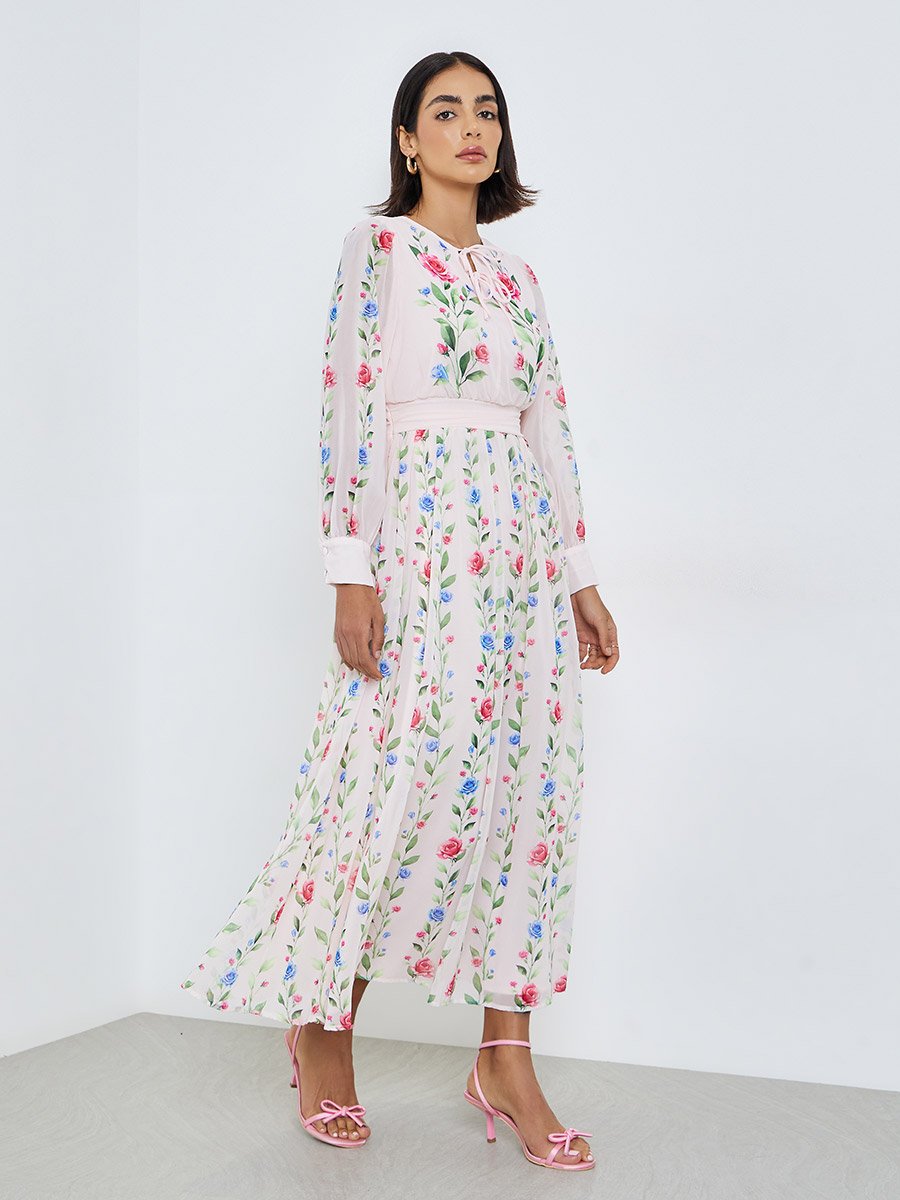 Light Pink Floral Maxi Dress with Tie-Up Neck