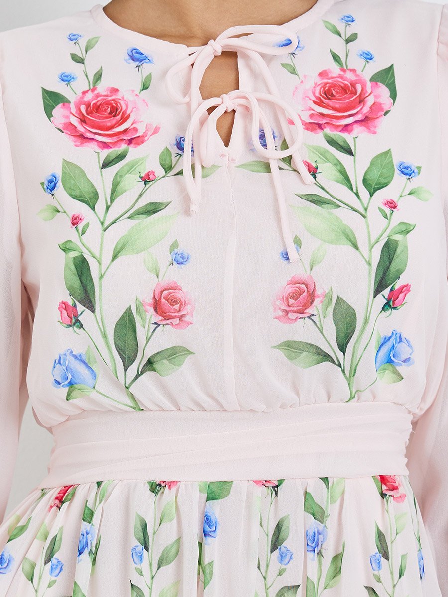 Light Pink Floral Maxi Dress with Tie-Up Neck