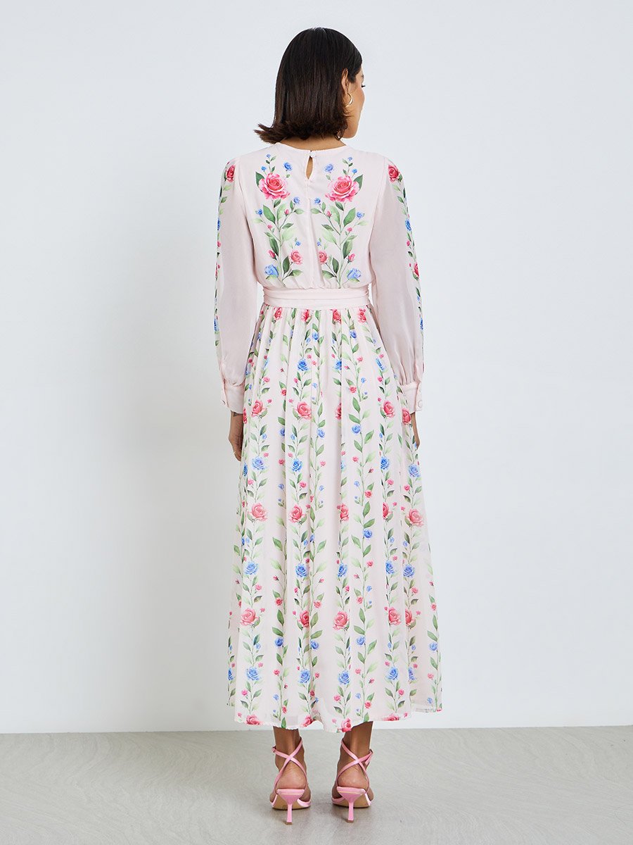 Light Pink Floral Maxi Dress with Tie-Up Neck
