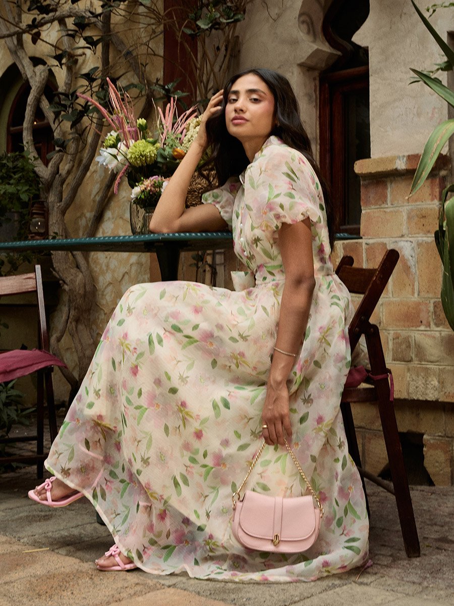 Cream Floral Puff Sleeves Maxi Dress with Tie-Belt For Women at Bahrain |  Styli