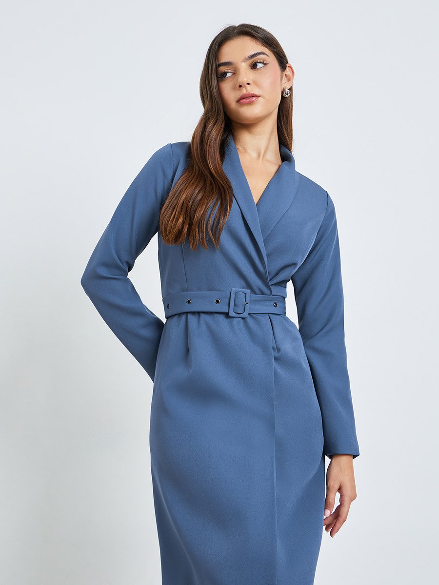 Blue Blazer Midi Dress with Buckle Belt