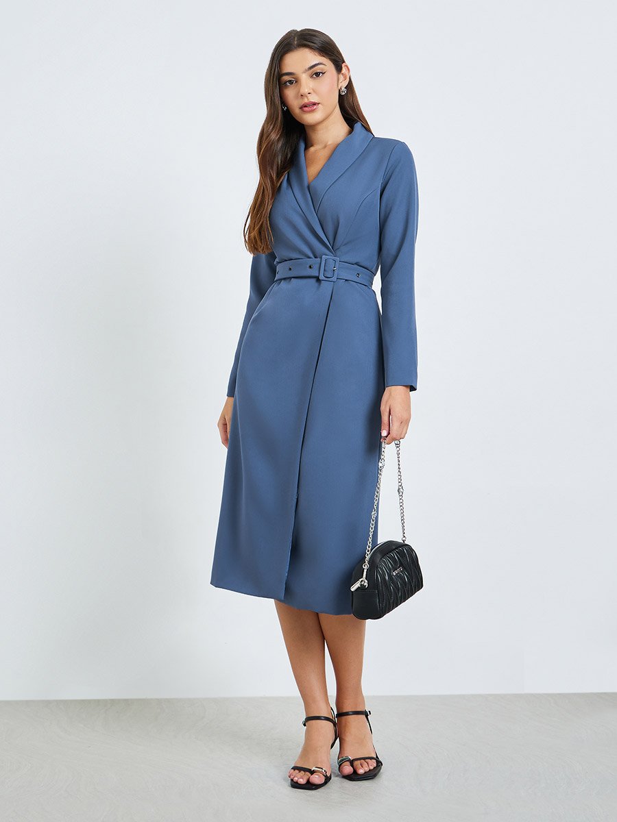 Blue Blazer Midi Dress with Buckle Belt