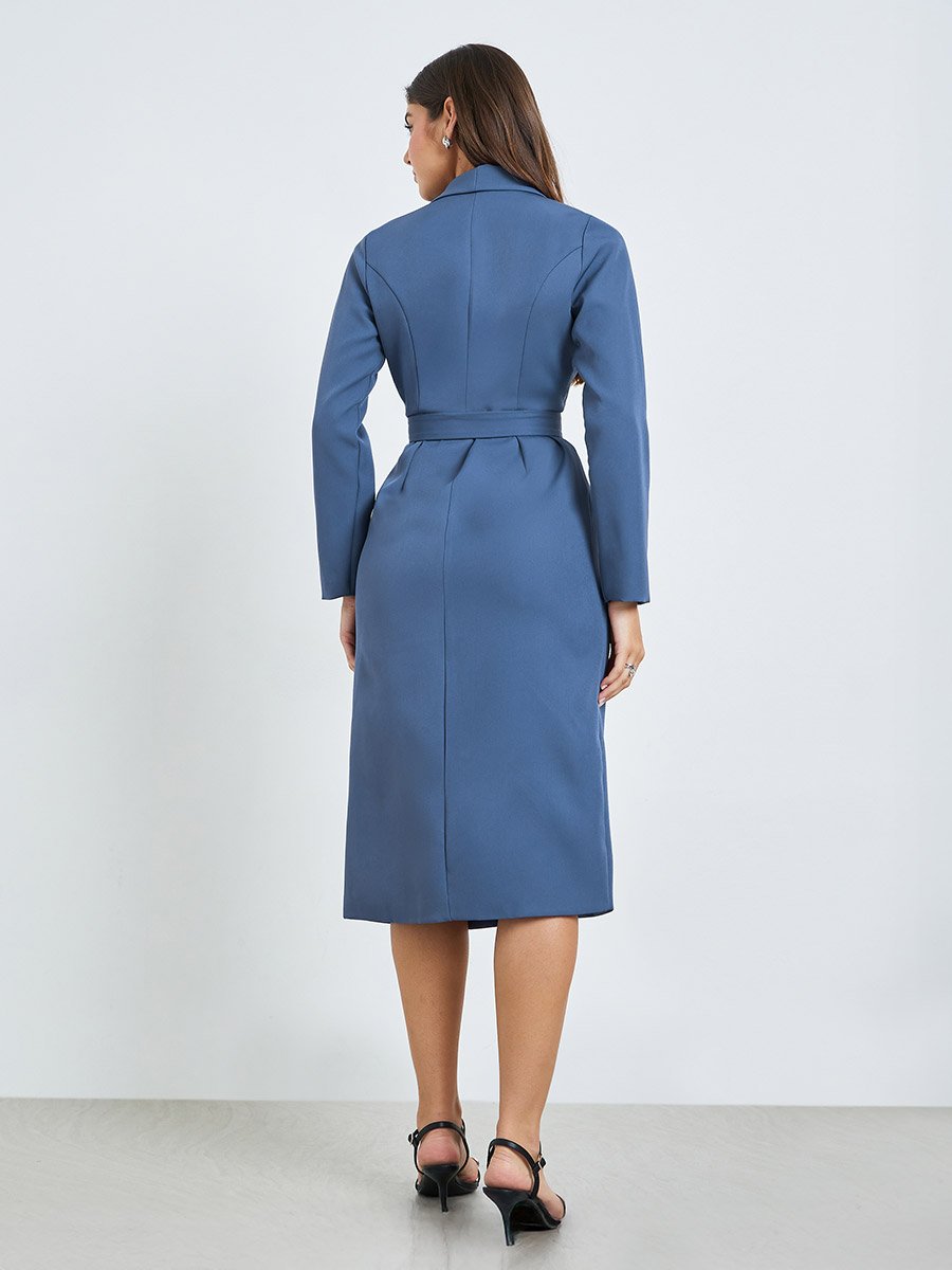 Blue Blazer Midi Dress with Buckle Belt