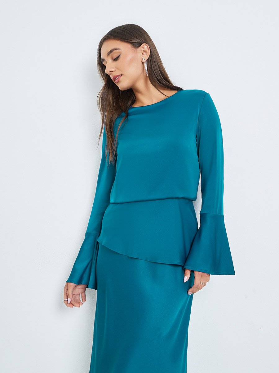 Blue Satin Bell Sleeves Maxi Dress