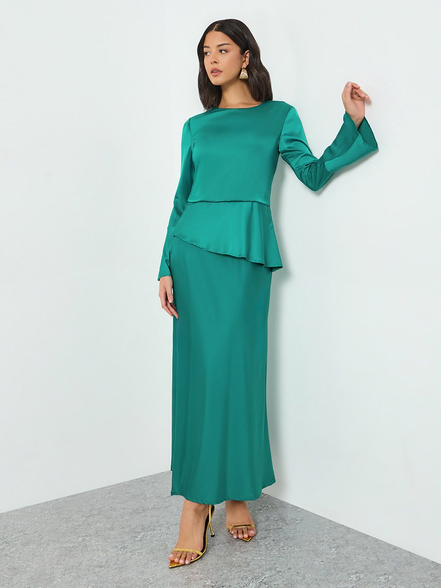Green Satin Bell Sleeves Maxi Dress