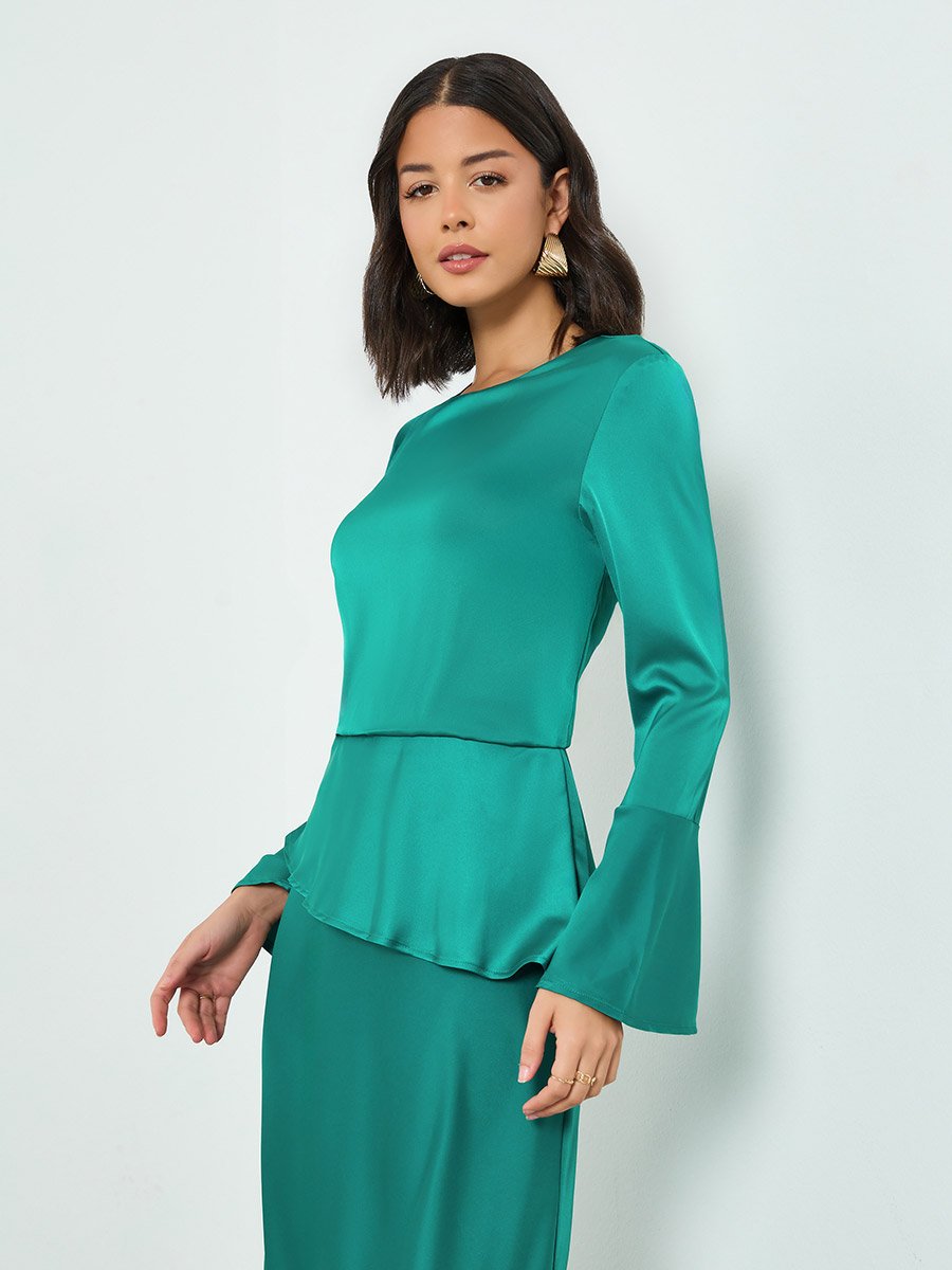 Green Satin Bell Sleeves Maxi Dress