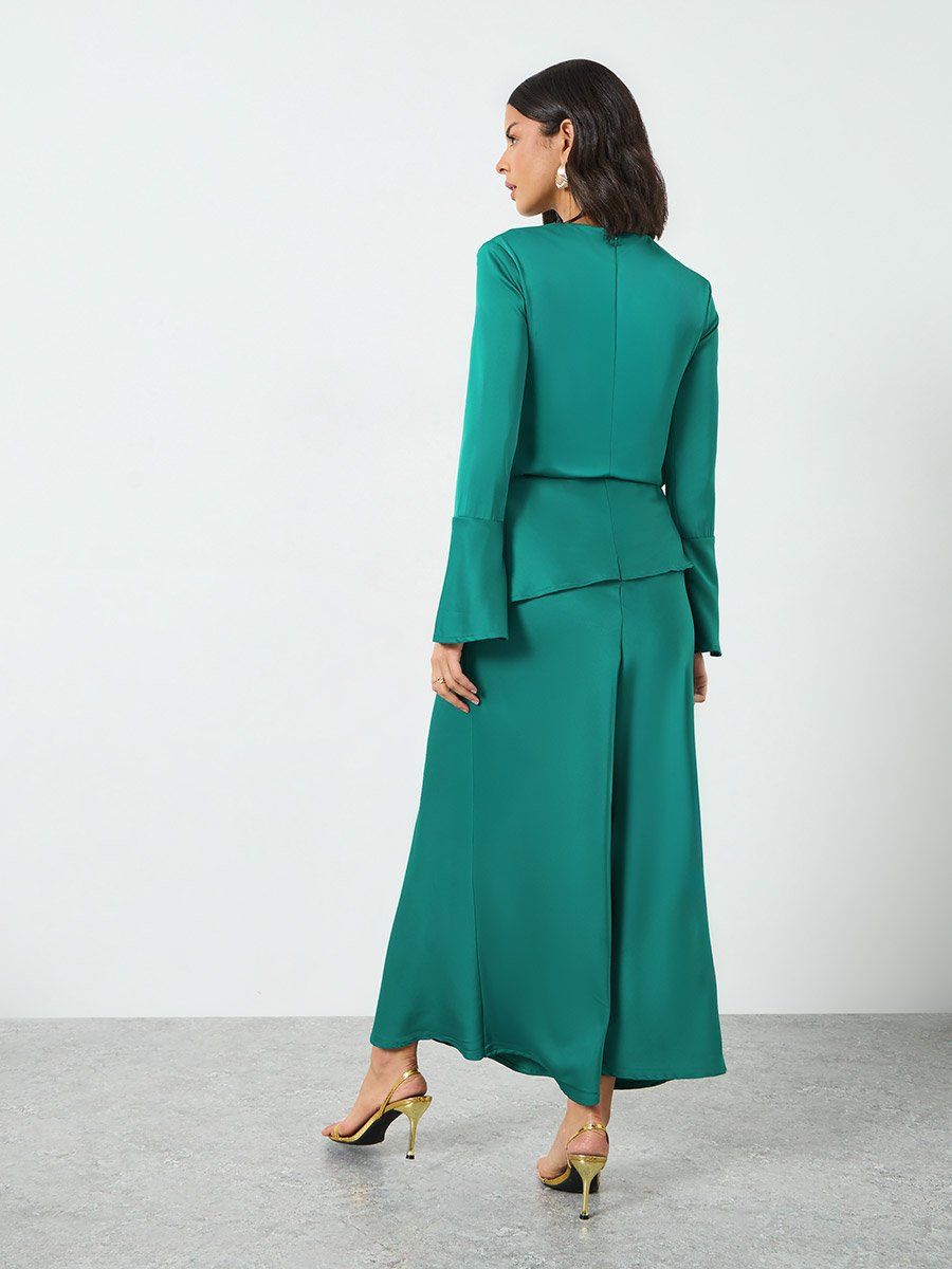 Green Satin Bell Sleeves Maxi Dress