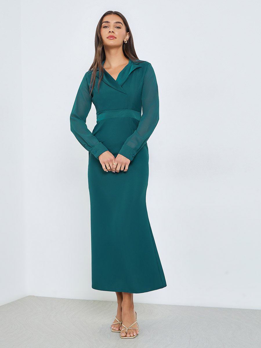 Teal Plain Long Sleeves Blazer Maxi Dress