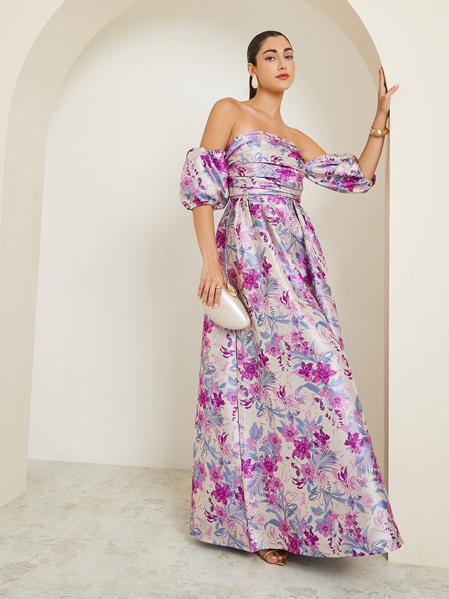 Floral Pleated Off-Shoulder Maxi Dress For Women at Bahrain | Styli