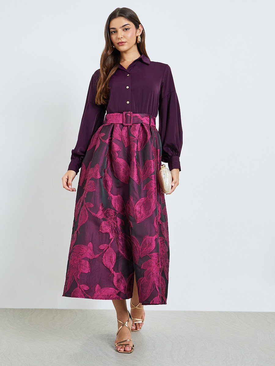 Purple Floral Jacquard Maxi Dress with Belt