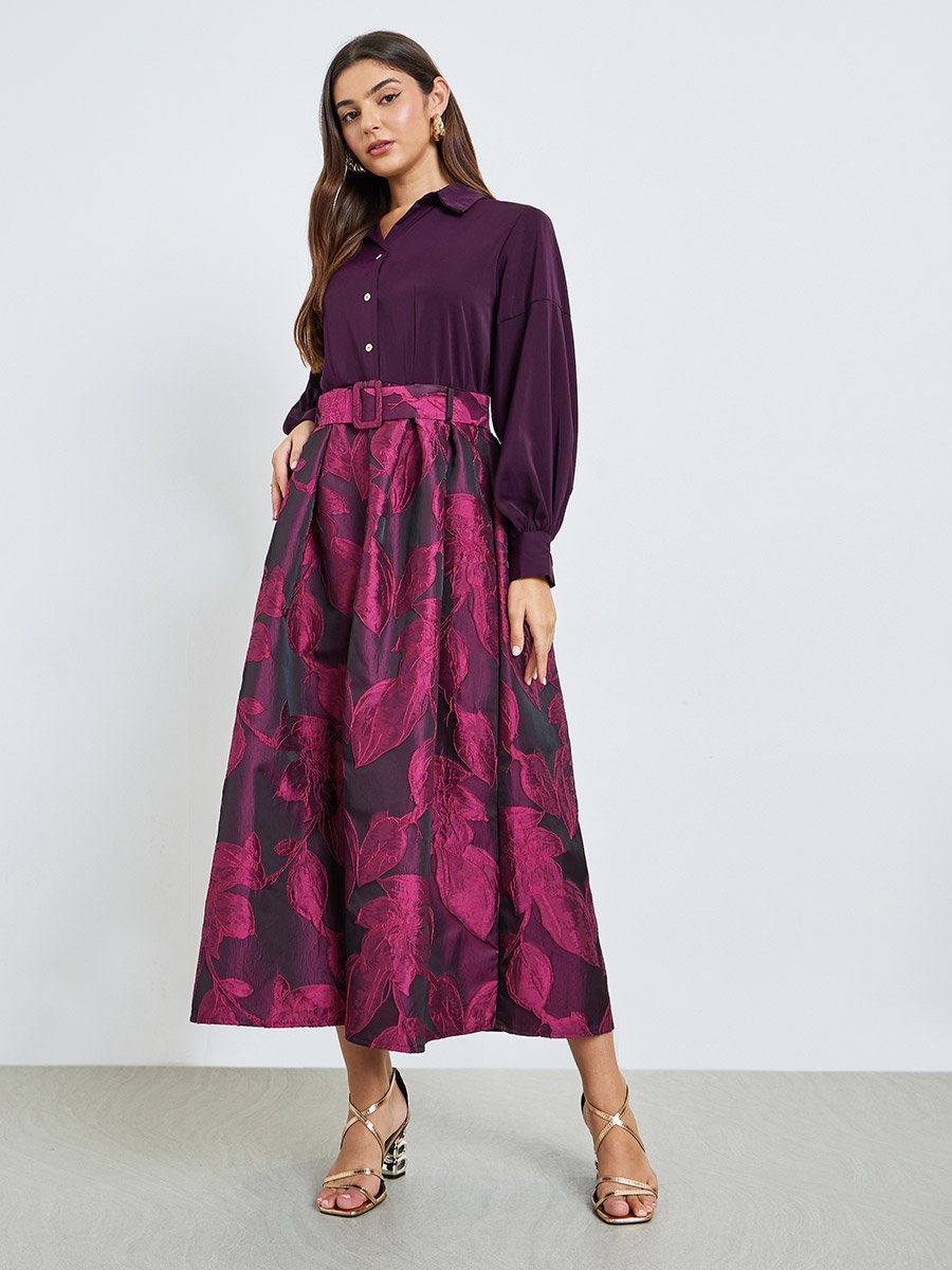 Purple Floral Jacquard Maxi Dress with Belt
