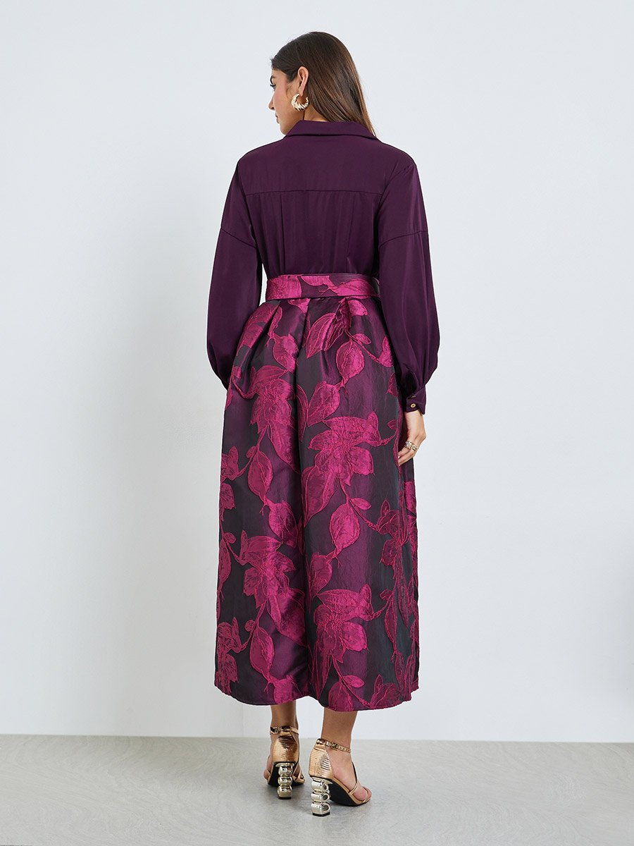 Purple Floral Jacquard Maxi Dress with Belt
