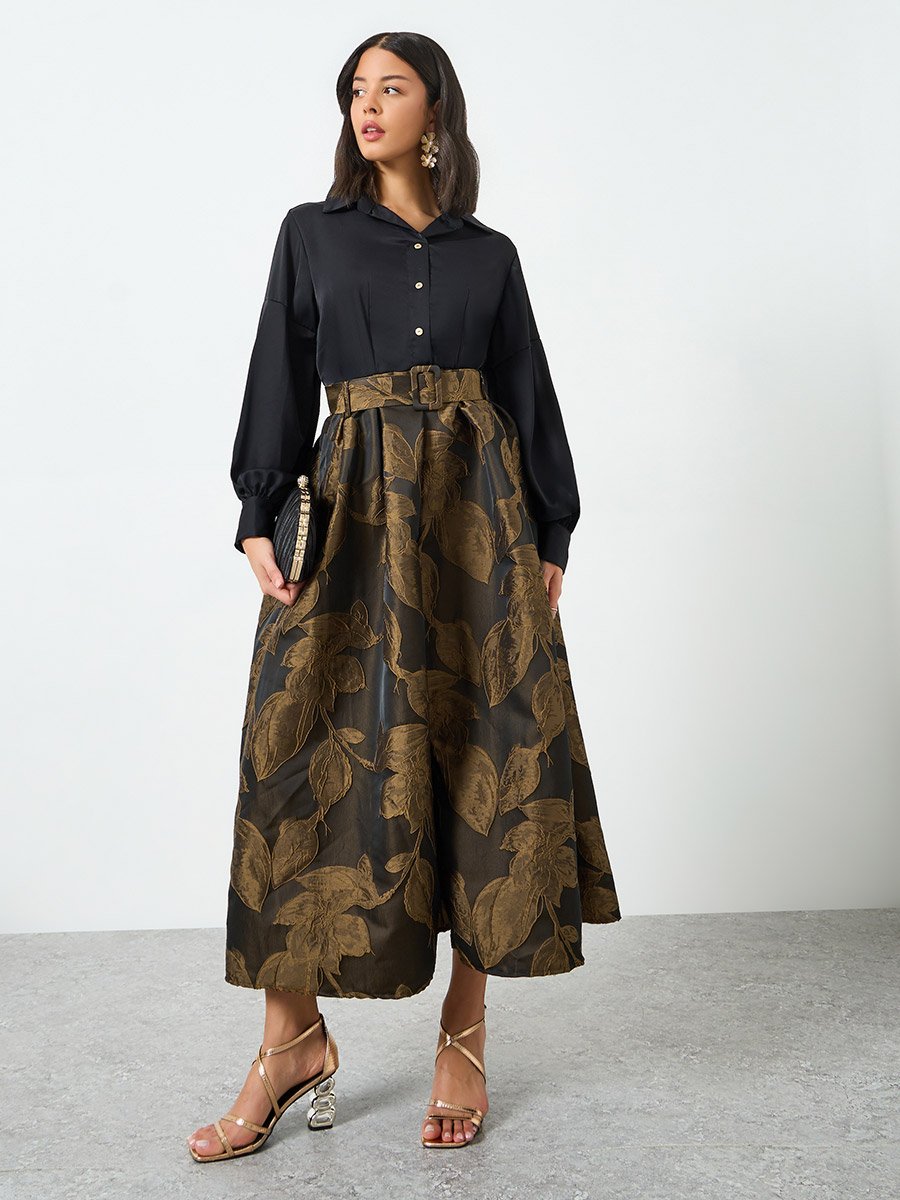Brown Floral Jacquard Belted Maxi Dress