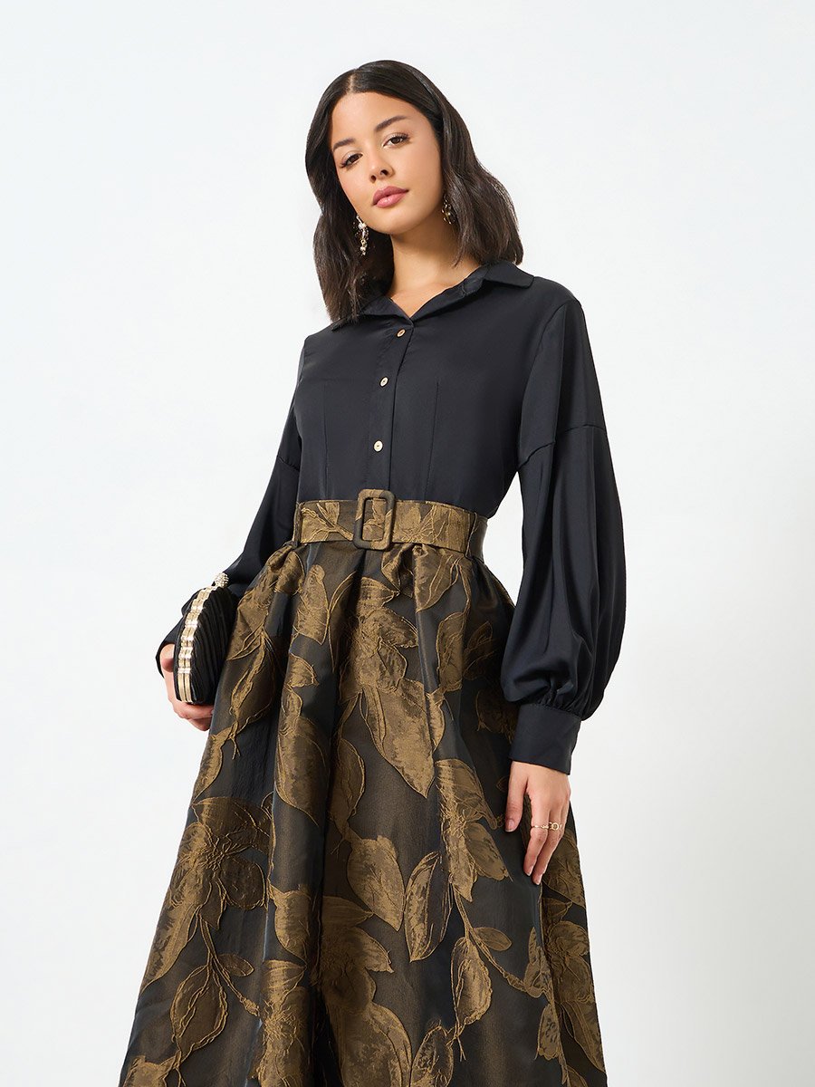 Brown Floral Jacquard Belted Maxi Dress
