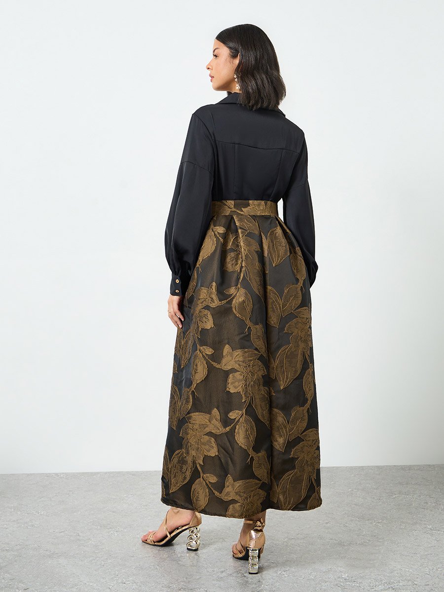 Brown Floral Jacquard Belted Maxi Dress