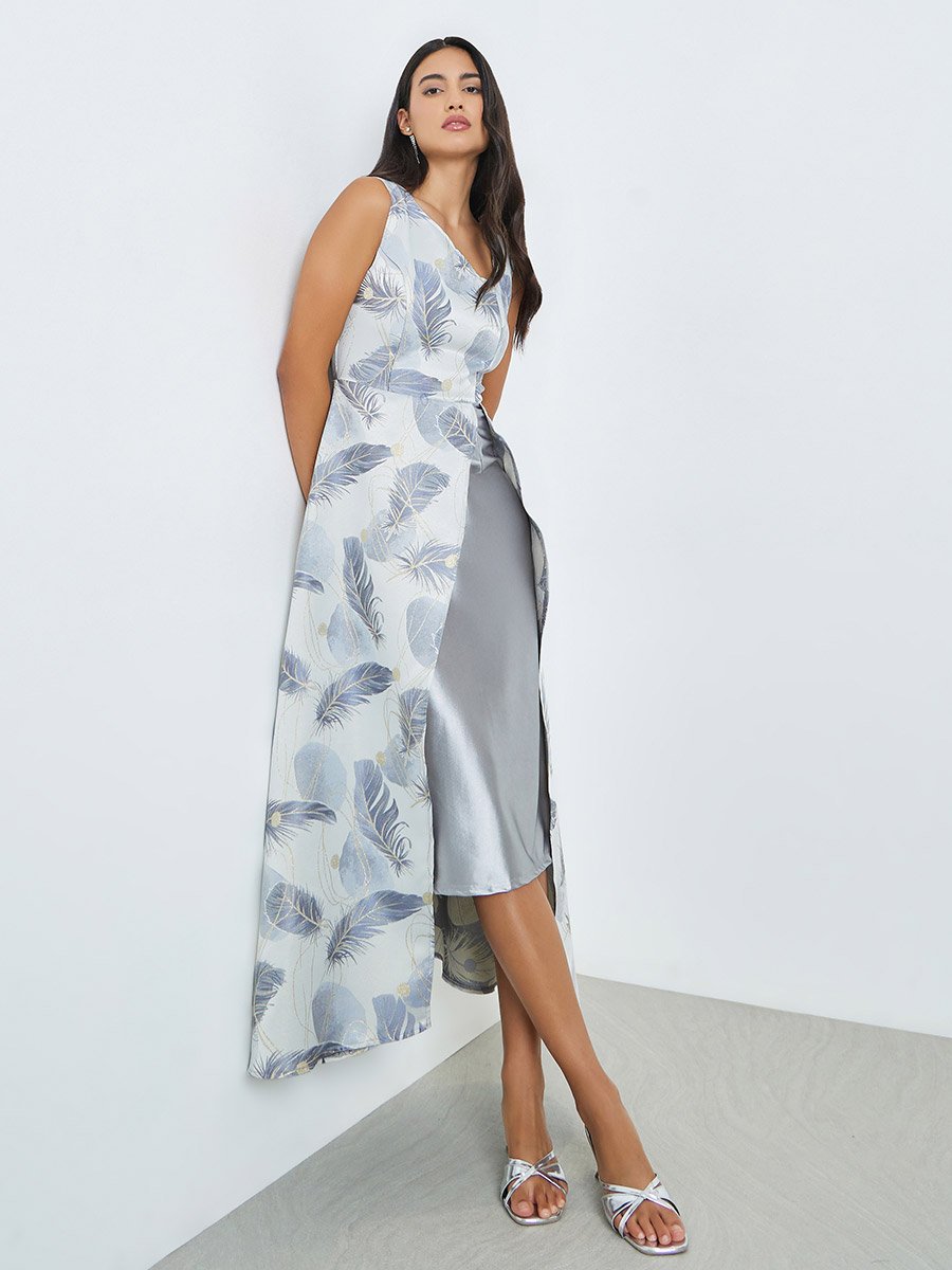 Grey Printed Asymmetric Hem Sleeveless Maxi Dress