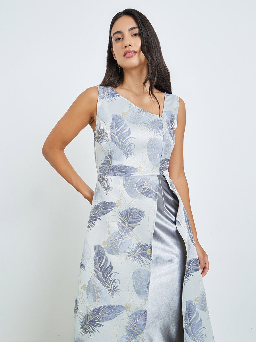 Grey Printed Asymmetric Hem Sleeveless Maxi Dress