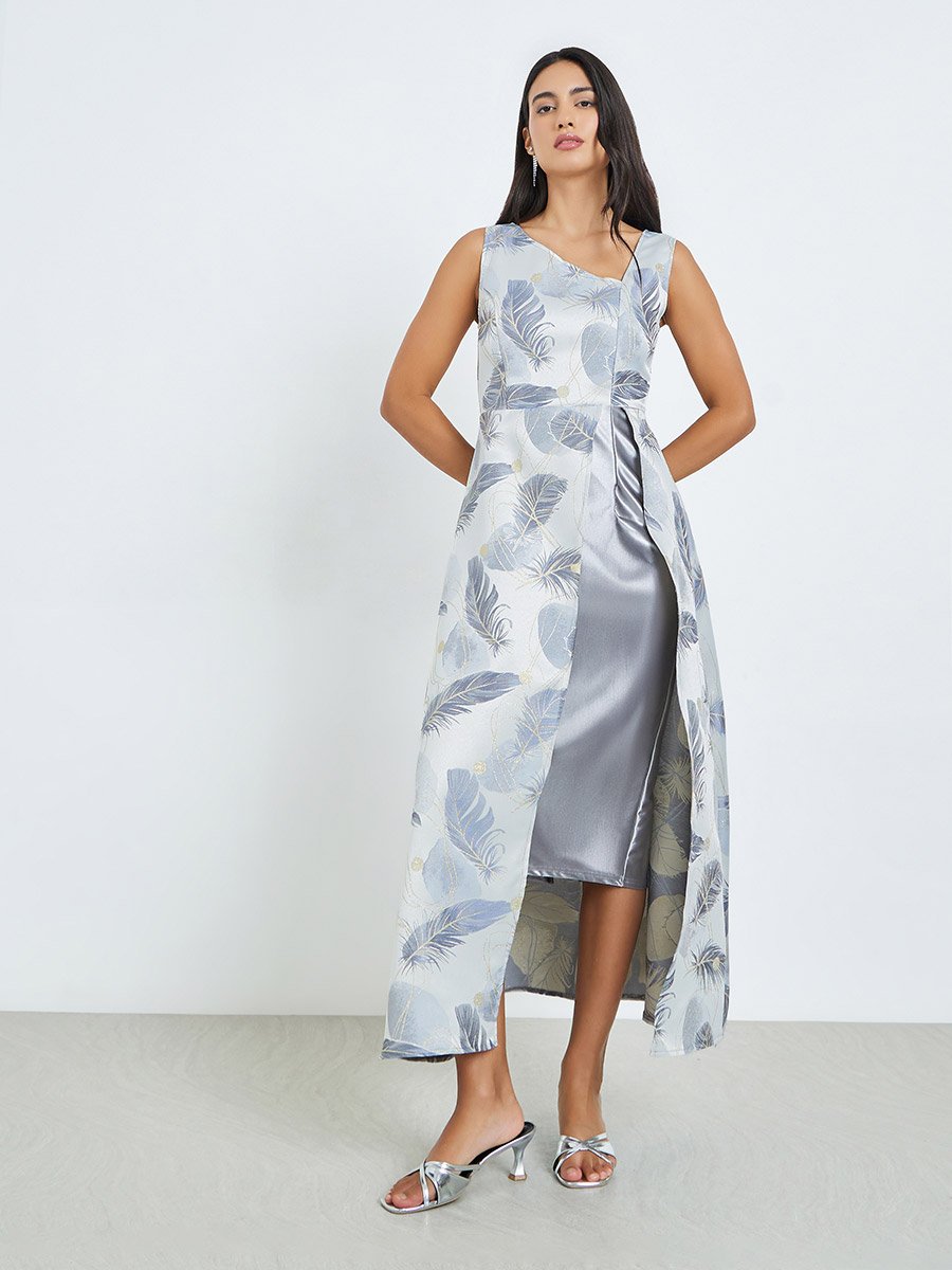 Grey Printed Asymmetric Hem Sleeveless Maxi Dress