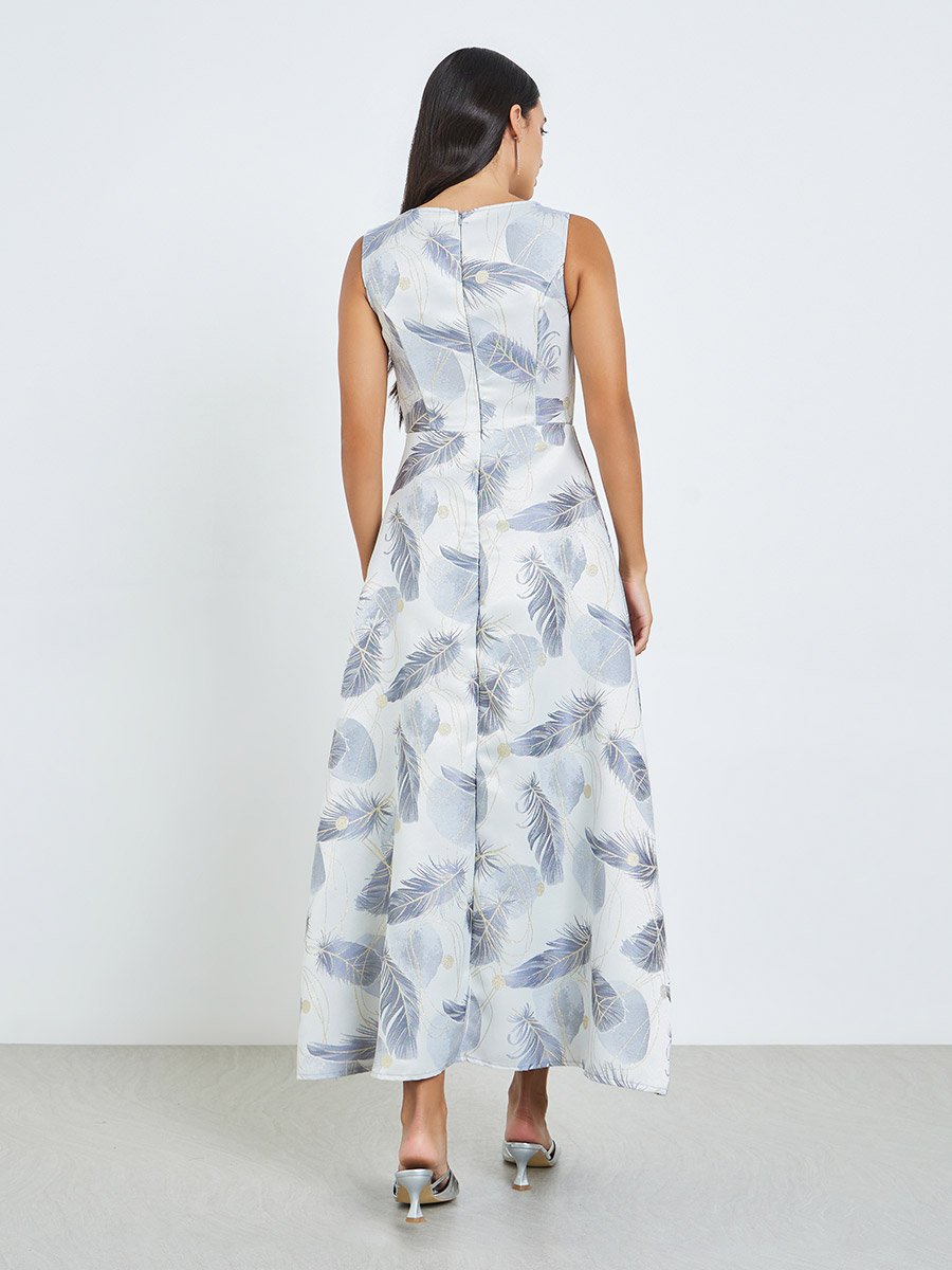 Grey Printed Asymmetric Hem Sleeveless Maxi Dress