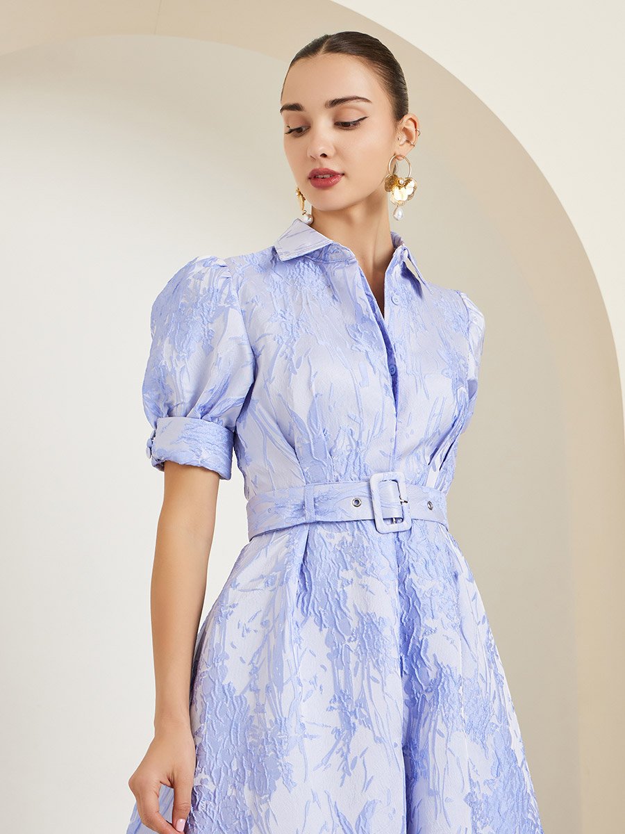 Blue Jacquard Puff Sleeve Shirt A-Line Maxi Dress