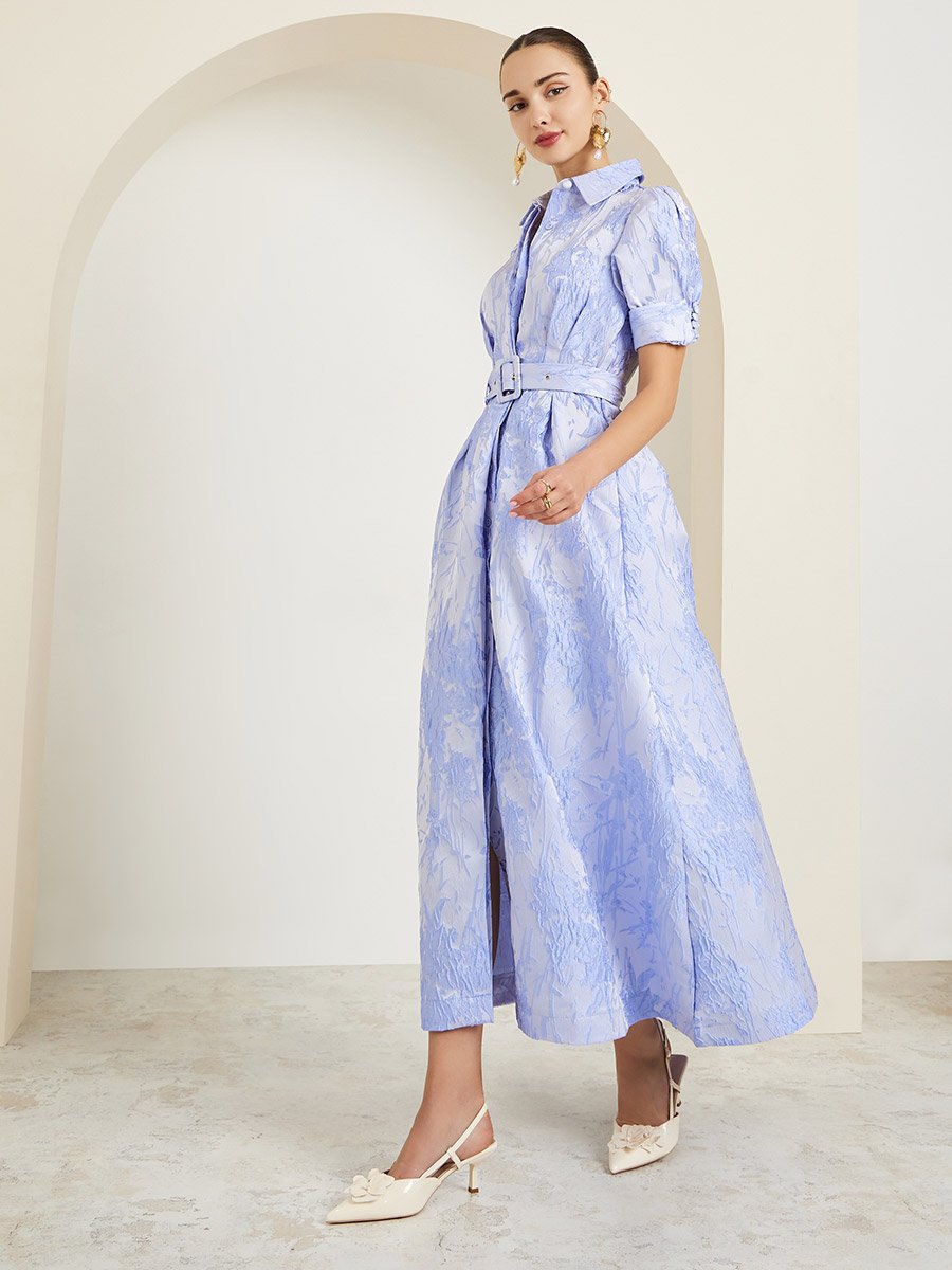 Blue Jacquard Puff Sleeve Shirt A-Line Maxi Dress