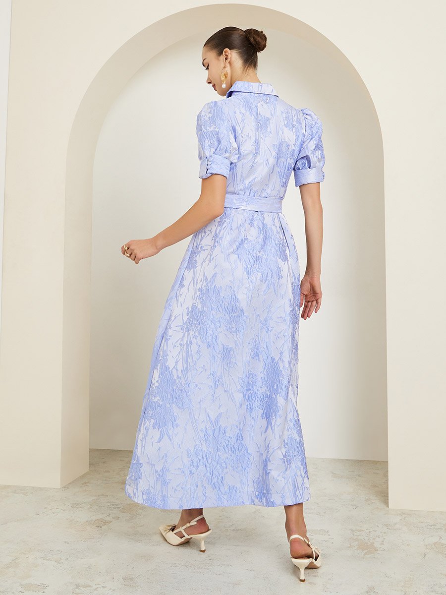 Blue Jacquard Puff Sleeve Shirt A-Line Maxi Dress