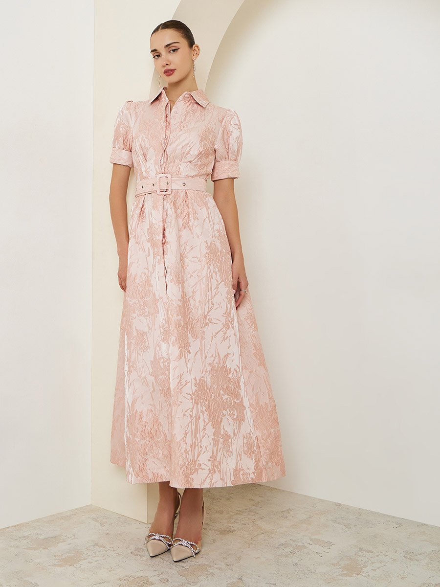 Pink Jacquard Puff Sleeves Shirt Maxi Dress