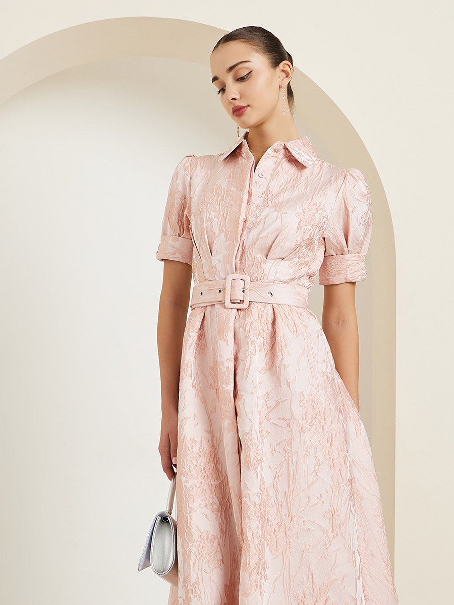 Pink Jacquard Puff Sleeves Shirt Maxi Dress