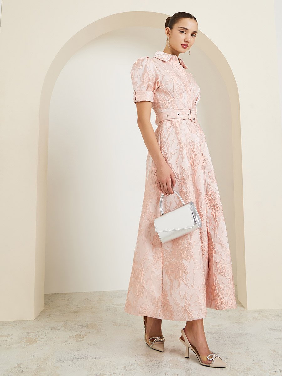 Pink Jacquard Puff Sleeves Shirt Maxi Dress