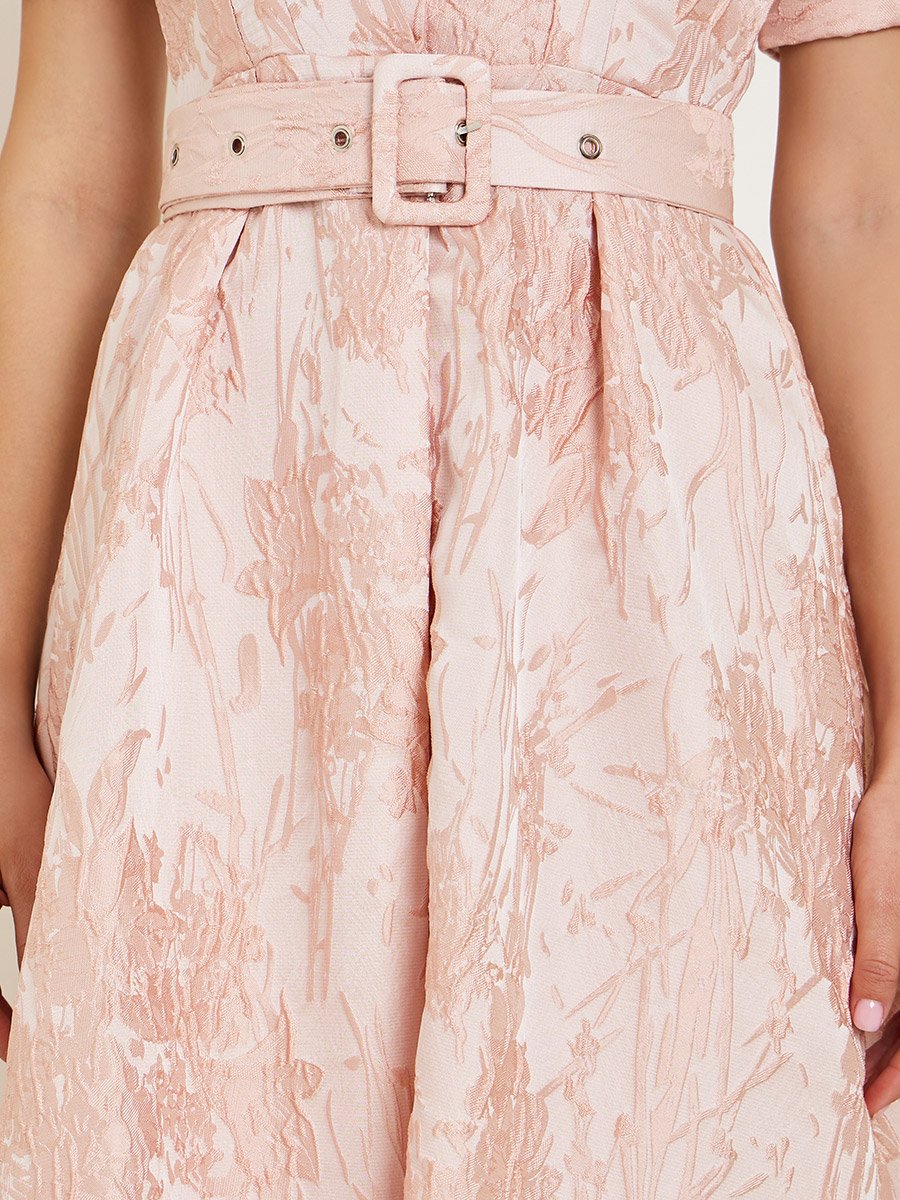Pink Jacquard Puff Sleeves Shirt Maxi Dress