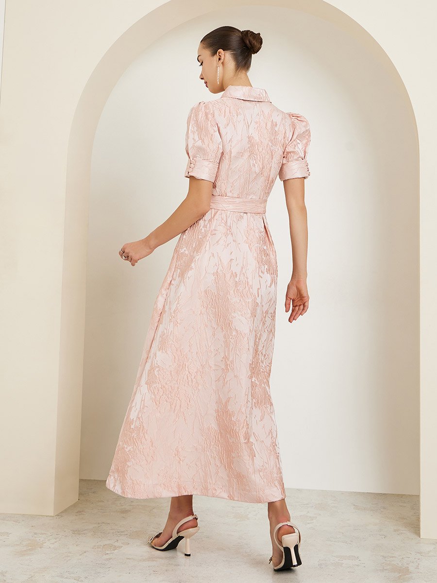 Pink Jacquard Puff Sleeves Shirt Maxi Dress For Women at Saudi | Styli
