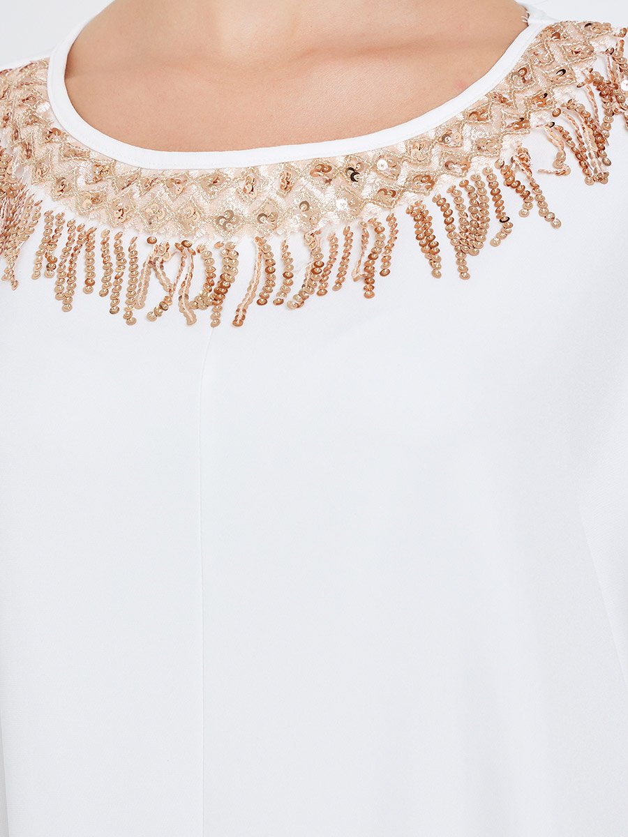 Women White Embellished Batwing Sleeve Kaftan