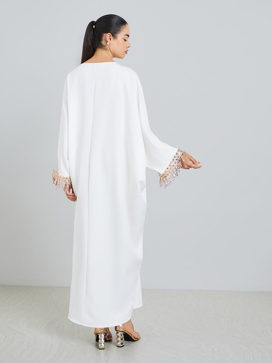 Women White Embellished Batwing Sleeve Kaftan