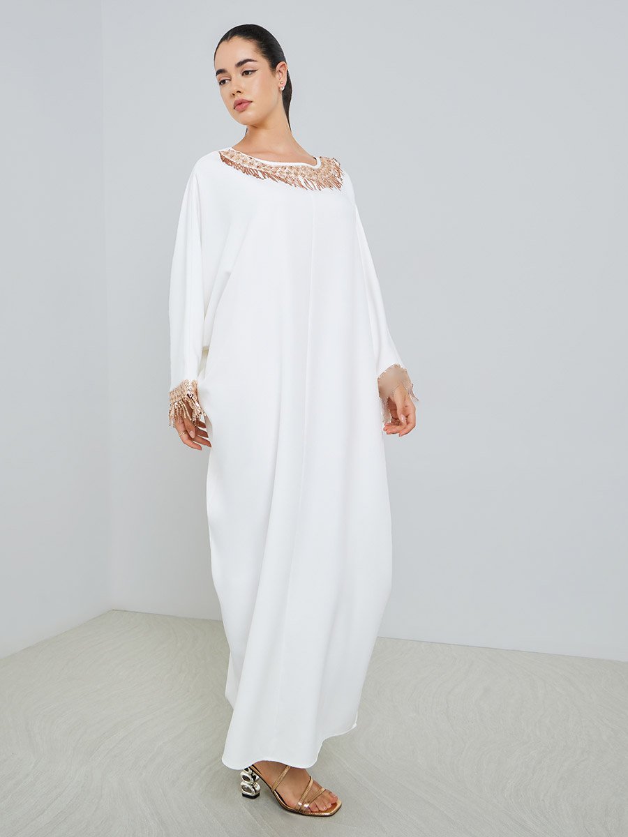 Women White Embellished Batwing Sleeve Kaftan