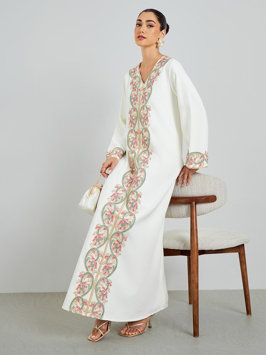 Cream Floral Embroidered A-Line Kaftan