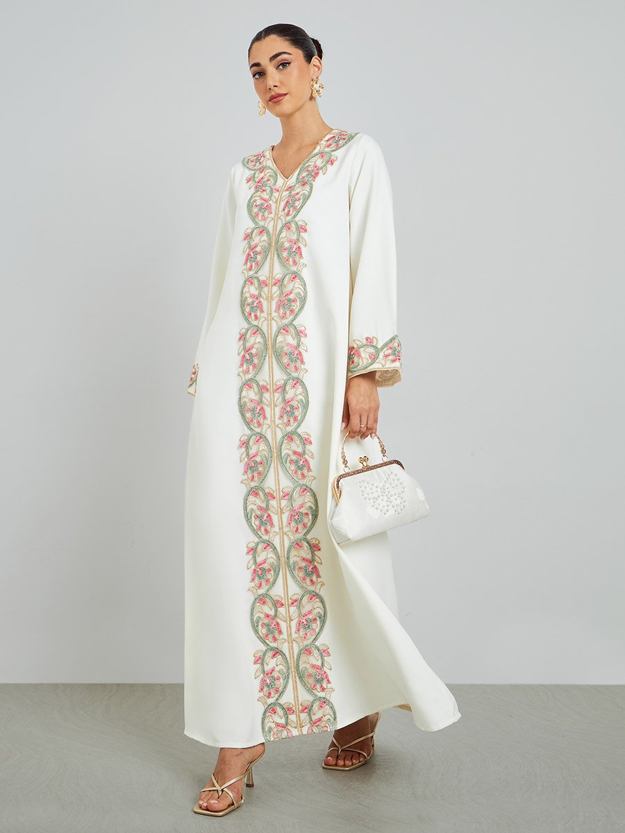 Cream Floral Embroidered A-Line Kaftan