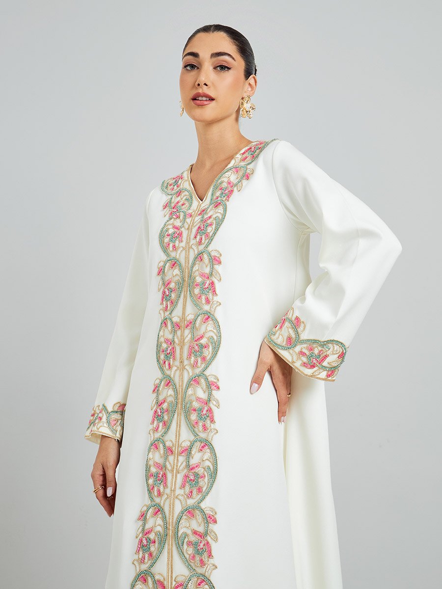 Cream Floral Embroidered A-Line Kaftan