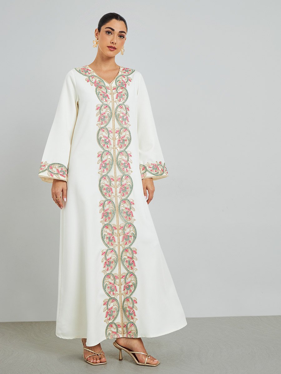 Cream Floral Embroidered A-Line Kaftan