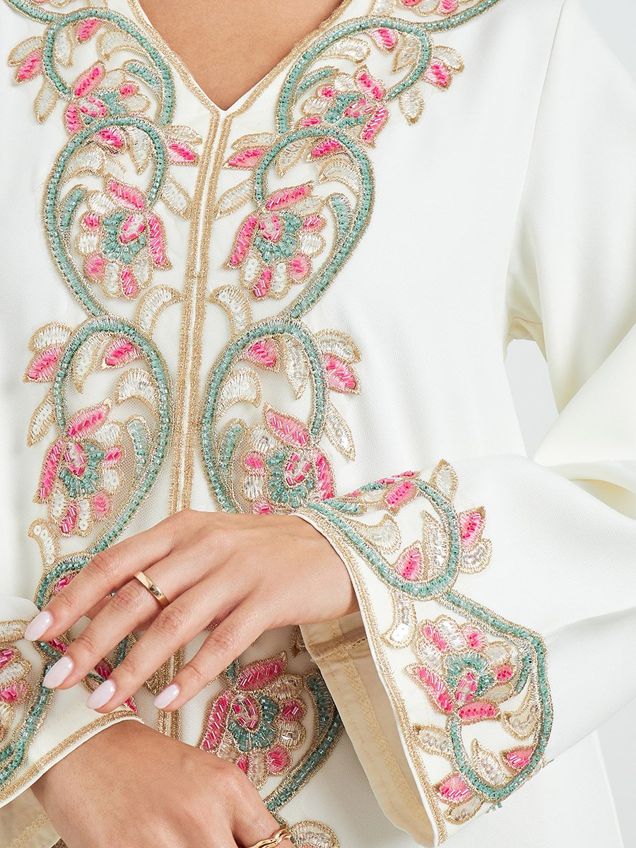 Cream Floral Embroidered A-Line Kaftan