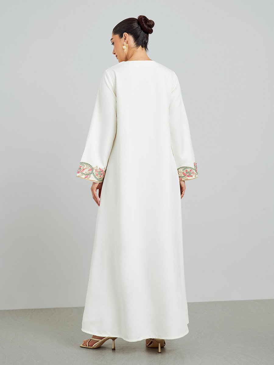 Cream Floral Embroidered A-Line Kaftan