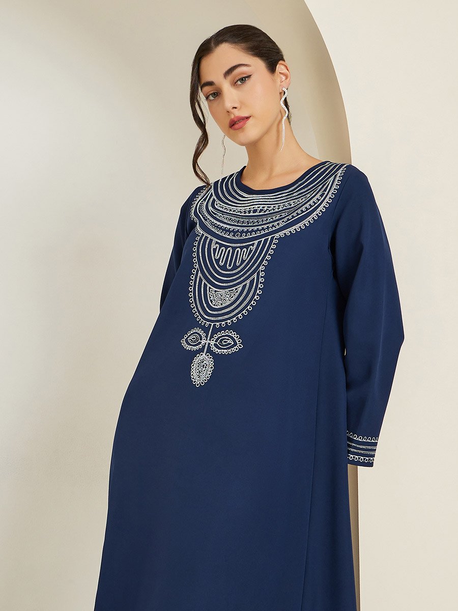 Women Navy Blue Embroidered A-Line Jalabiya