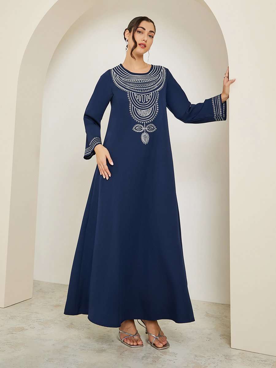 Women Navy Blue Embroidered A-Line Jalabiya