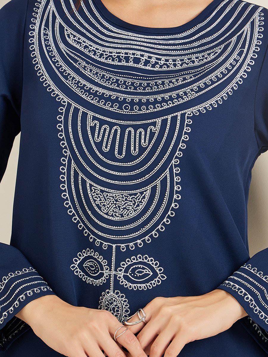 Women Navy Blue Embroidered A-Line Jalabiya