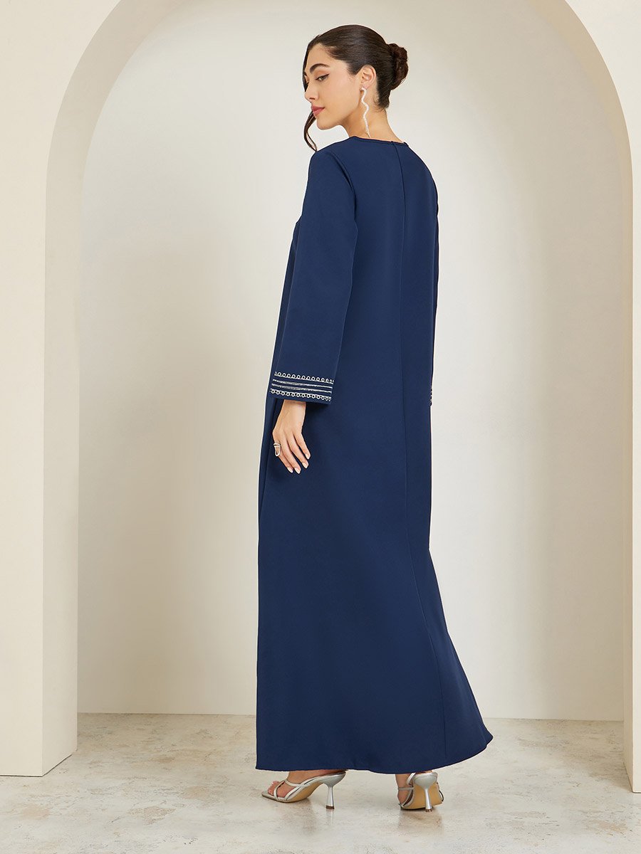 Women Navy Blue Embroidered A-Line Jalabiya
