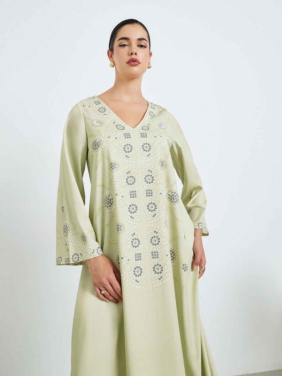 Women Green Embroidered Jalabiya