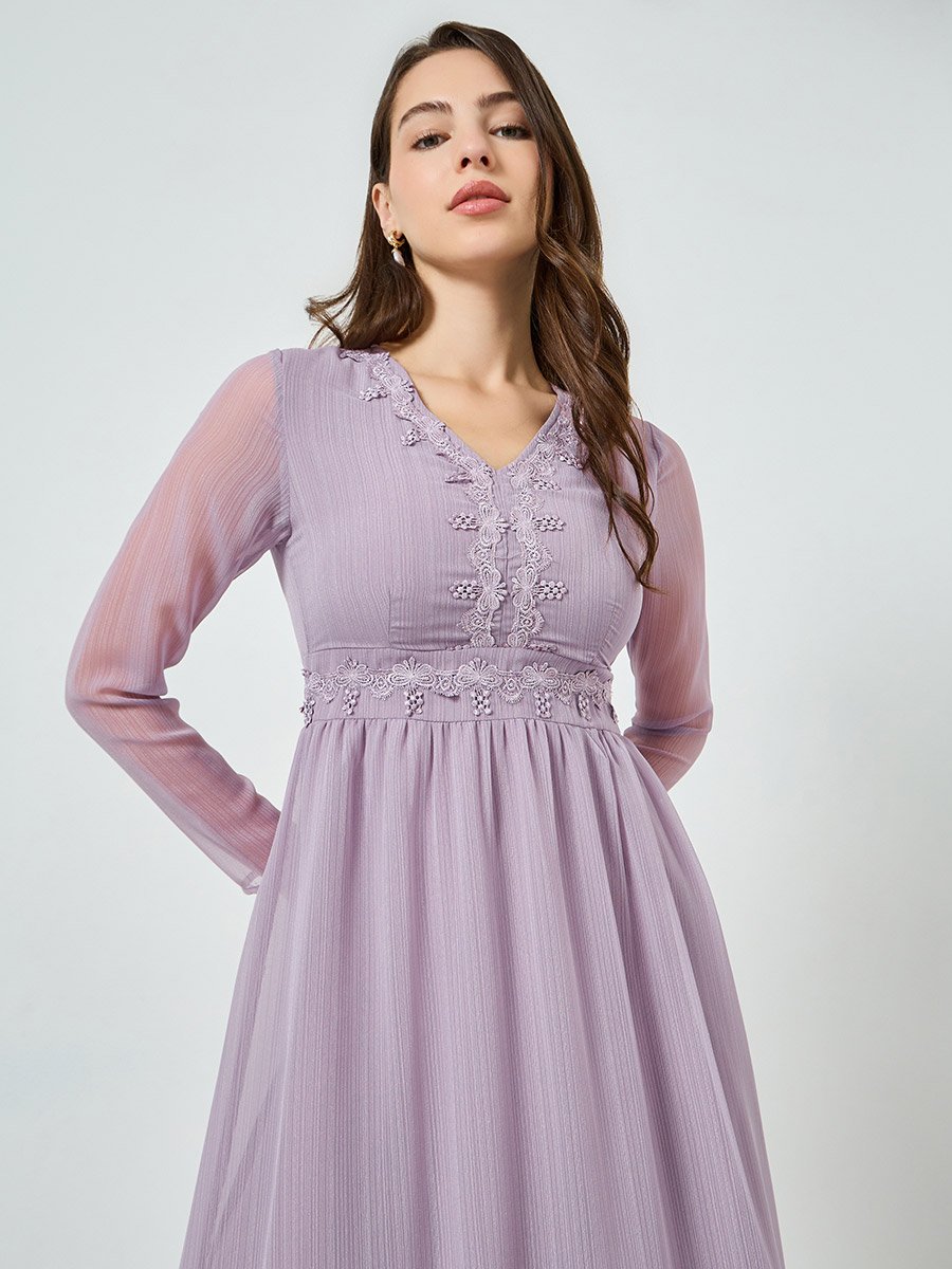 Women Lilac Lace Trim Chiffon Maxi Dress