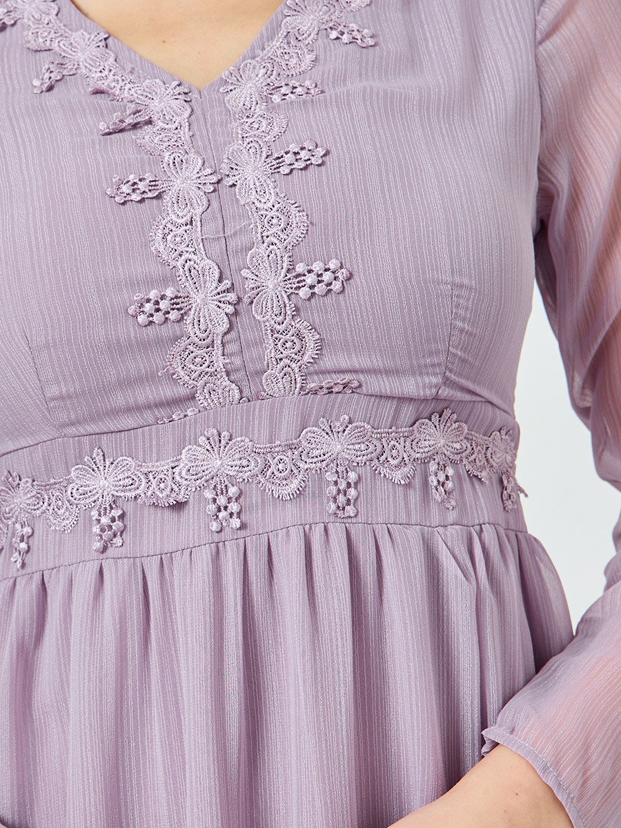 Women Lilac Lace Trim Chiffon Maxi Dress