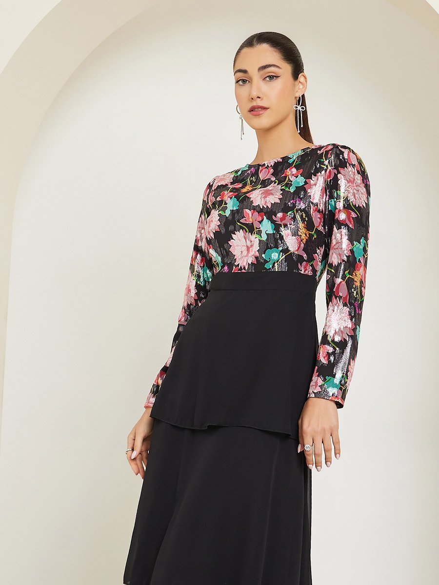 Floral Print Long Sleeve Tiered Maxi Dress